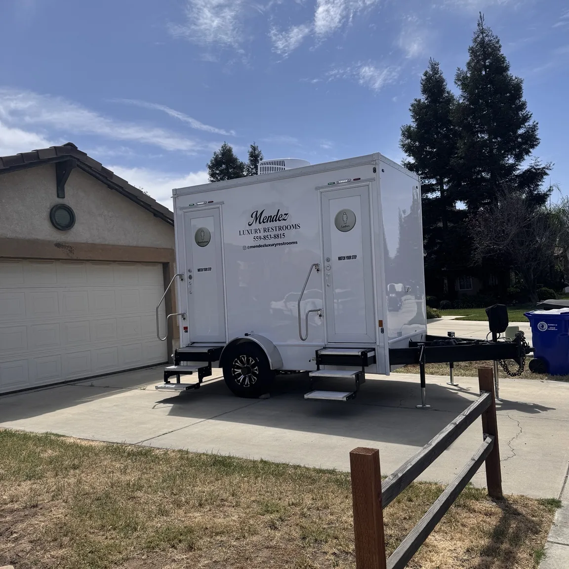 Mendez luxury restroom trailer delivered and set up at a private home
